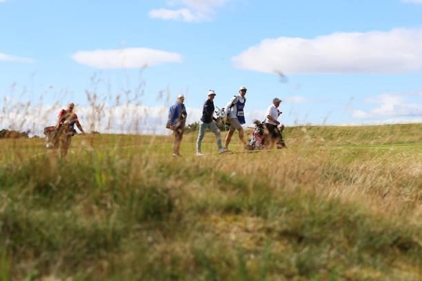 Pernilla Lindberg of Sweden walks up the fairway during a practice round prior to the AIG Women's Open at Carnoustie Golf Links on August 17, 2021 in...