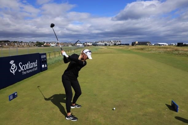 Jessica Korda of The United States plays a tee shot during the Pro-AM prior to the AIG Women's Open at Carnoustie Golf Links on August 17, 2021 in...