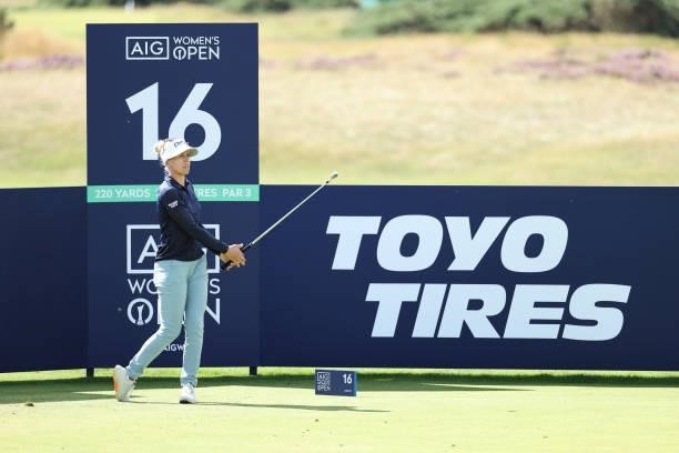 Pernilla Lindberg of Sweden tees off on the sixteenth hole during a practice round prior to the AIG Women's Open at Carnoustie Golf Links on August...