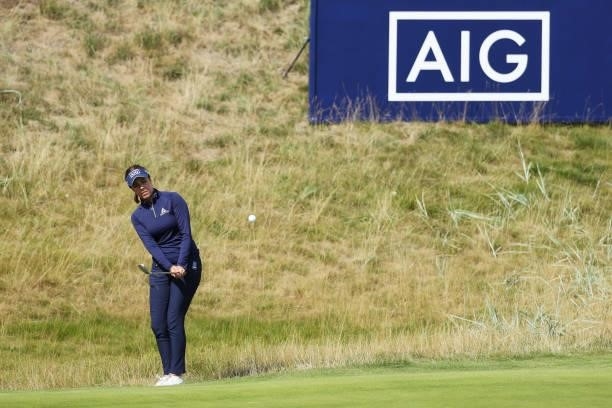Georgia Hall of England plays a shot during a practice round prior to the AIG Women's Open at Carnoustie Golf Links on August 17, 2021 in Carnoustie,...