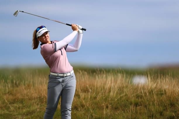 Brooke Henderson of Canada plays a shot during a practice round prior to the AIG Women's Open at Carnoustie Golf Links on August 17, 2021 in...