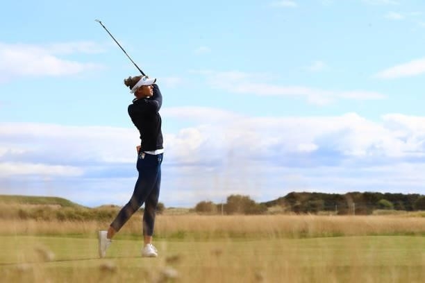 Nelly Korda of The United States plays a shot during a practice round prior to the AIG Women's Open at Carnoustie Golf Links on August 17, 2021 in...