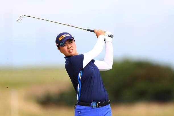 Yuka Saso of Philippines plays a shot during a practice round prior to the AIG Women's Open at Carnoustie Golf Links on August 17, 2021 in...