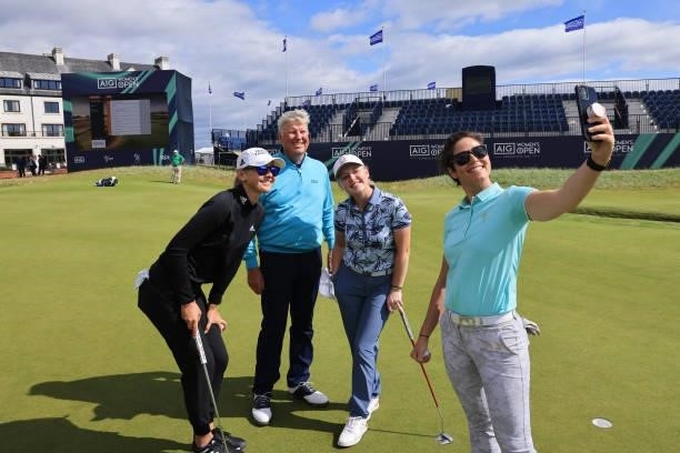 Presenter, Eilidh Barbour takes a selfie with Jessica Korda of The United States, Martin Slumbers, Chief Executive of the R&A and Pro-Am Guest,...