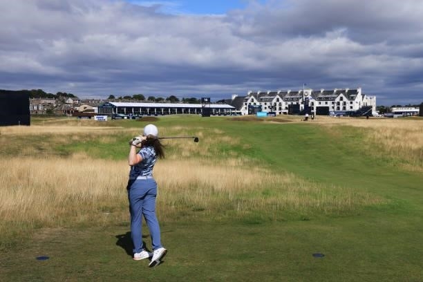 Pro-Am Guest, Maggie Whitehead plays a shot during the Pro-AM prior to the AIG Women's Open at Carnoustie Golf Links on August 17, 2021 in...