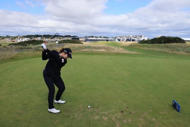 Ariya Jutanugarn of Thailand tees off on the sixteenth hole during the Pro-AM prior to the AIG Women's Open at Carnoustie Golf Links on August 17,...