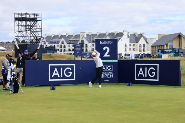 Marianne Skarpnord of Norway tees off on the second hole during the Pro-AM prior to the AIG Women's Open at Carnoustie Golf Links on August 17, 2021...