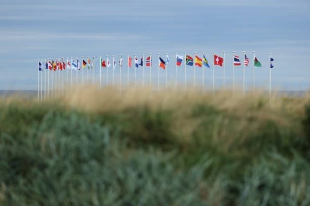 General view of driving range flags during a practice round prior to the AIG Women's Open at Carnoustie Golf Links on August 17, 2021 in Carnoustie,...