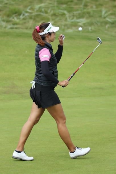 Prima Thammaraks of Thailand catches a ball during a practice round prior to the AIG Women's Open at Carnoustie Golf Links on August 17, 2021 in...