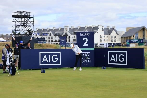 Marianne Skarpnord of Norway tees off on the second hole during the Pro-AM prior to the AIG Women's Open at Carnoustie Golf Links on August 17, 2021...