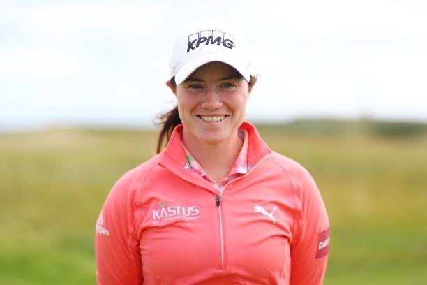 Leona Maguire of Ireland poses for a photo during the Pro-AM prior to the AIG Women's Open at Carnoustie Golf Links on August 17, 2021 in Carnoustie,...