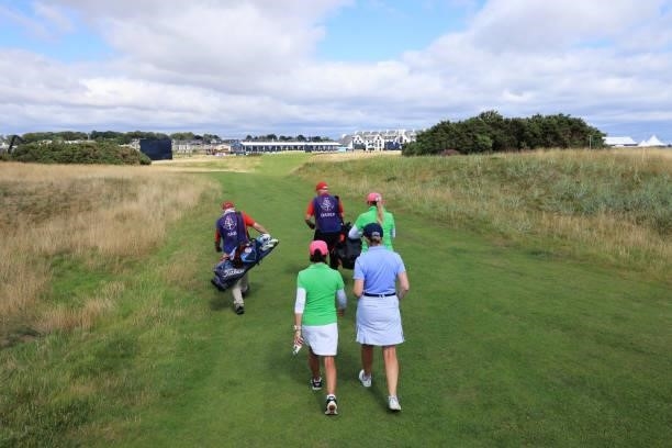 The group of Ariya Jutanugarn of Thailand walk during the Pro-AM prior to the AIG Women's Open at Carnoustie Golf Links on August 17, 2021 in...