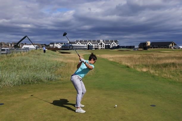 Presenter, Eilidh Barbour plays a tee shot during the Pro-AM prior to the AIG Women's Open at Carnoustie Golf Links on August 17, 2021 in Carnoustie,...