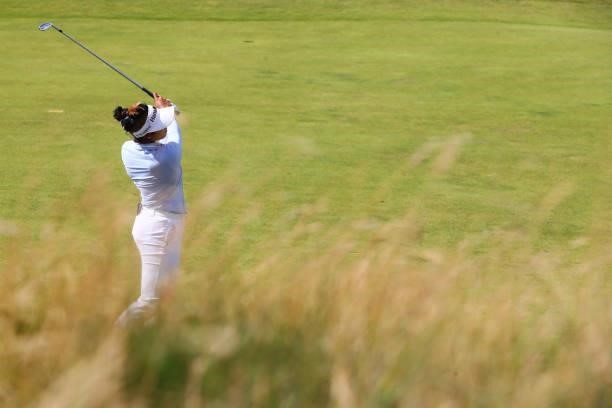 Patty Tavatanakit of Thailand plays a shot during a practice round prior to the AIG Women's Open at Carnoustie Golf Links on August 17, 2021 in...