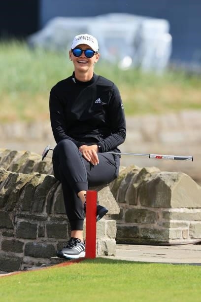 Jessica Korda of The United States smiles during a practice round prior to the AIG Women's Open at Carnoustie Golf Links on August 17, 2021 in...