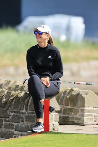 Jessica Korda of The United States smiles during a practice round prior to the AIG Women's Open at Carnoustie Golf Links on August 17, 2021 in...