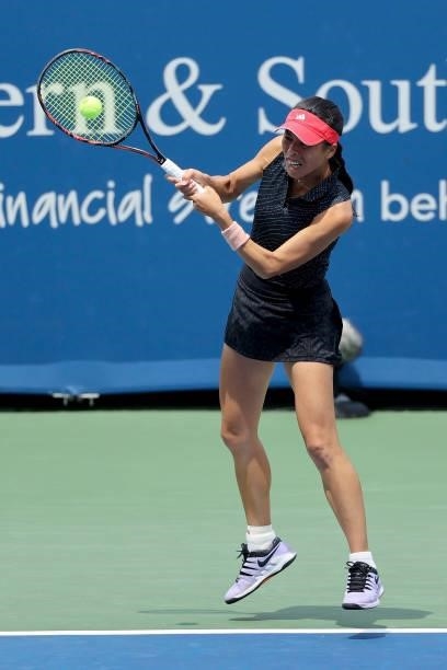 Su-Wei Hsieh of Taiwan plays a forehand during her match against Cori Gauff during Western & Southern Open - Day 3 at Lindner Family Tennis Center on...