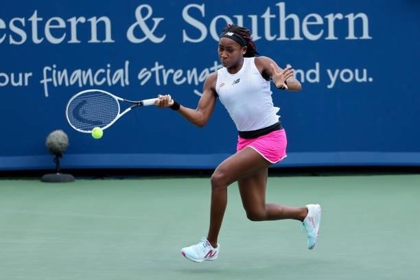 Cori Gauff plays a forehand during her match against Su-Wei Hsieh of Taiwan during Western & Southern Open - Day 3 at Lindner Family Tennis Center on...