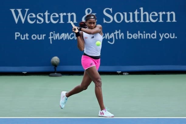 Cori Gauff plays a backhand during her match against Su-Wei Hsieh of Taiwan during Western & Southern Open - Day 3 at Lindner Family Tennis Center on...