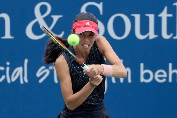 Su-Wei Hsieh of Taiwan plays a backhand during her match against Cori Gauff during Western & Southern Open - Day 3 at Lindner Family Tennis Center on...
