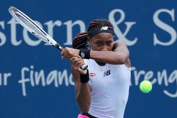 Cori Gauff plays a backhand during her match against Su-Wei Hsieh of Taiwan during Western & Southern Open - Day 3 at Lindner Family Tennis Center on...