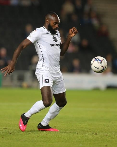 Hiram Boateng of Milton Keynes Dons in action during the Sky Bet League One match between Milton Keynes Dons and Charlton Athletic at Stadium mk on...