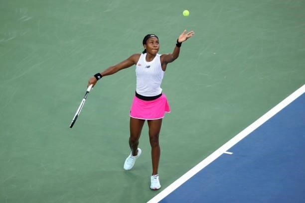 Cori Gauff serves during her match against Su-Wei Hsieh of Taiwan during Western & Southern Open - Day 3 at Lindner Family Tennis Center on August...