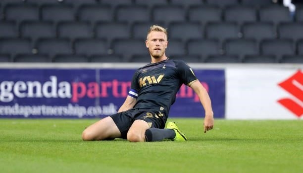 Jayden Stockley of Charlton Athletic celebrates after scoring his sides first goal during the Sky Bet League One match between Milton Keynes Dons and...