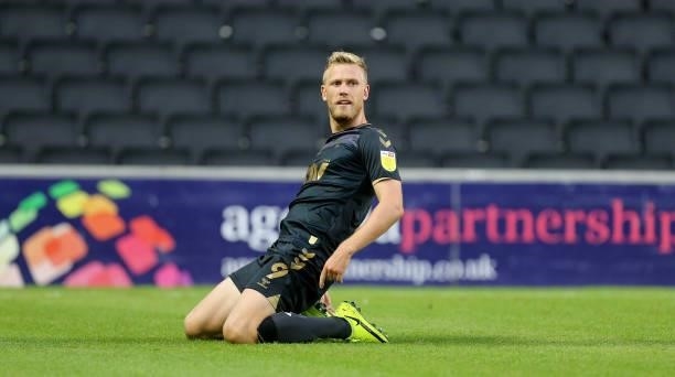 Jayden Stockley of Charlton Athletic celebrates after scoring his sides first goal during the Sky Bet League One match between Milton Keynes Dons and...