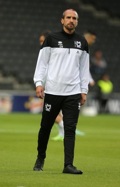 Milton Keynes Dons assistant first team coach David Wright looks on during pre match warm up prior to the Sky Bet League One match between Milton...