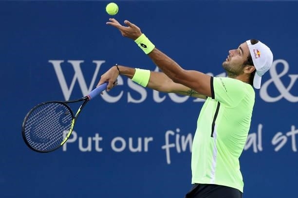 Matteo Berrettini of Italy serves during his match against Albert Ramos-Vinolas of Spain during day three of the Western & Southern Open at Lindner...