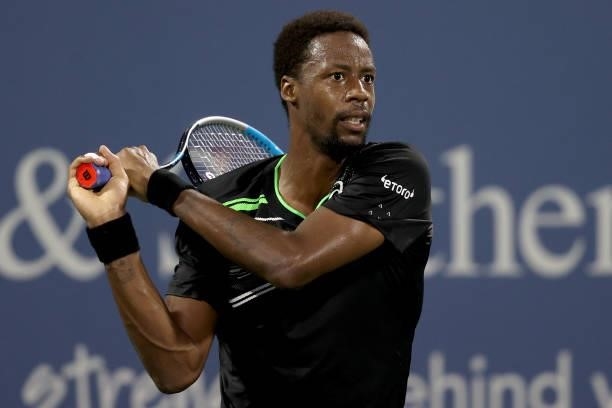 Gael Monfils of France returns a shot to Dusan Lajovic of Serbia during the Western & Southern Open at Lindner Family Tennis Center on August 17,...