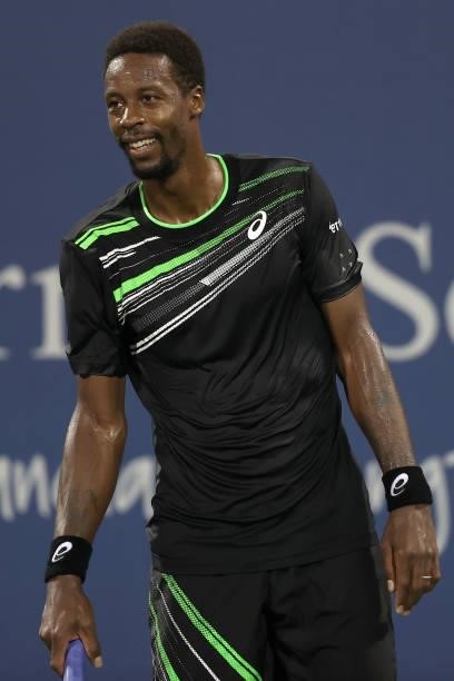 Gael Monfils of France plays Dusan Lajovic of Serbia during the Western & Southern Open at Lindner Family Tennis Center on August 17, 2021 in Mason,...