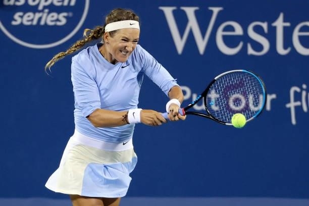 Victoria Azarenka of Bulgaria plays a backhand during her match against Liudmila Samsonova of Russia day three of the Western & Southern Open at...