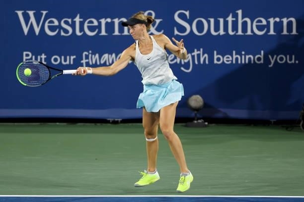 Liudmila Samsonova of Russia plays a forehand during her match against Victoria Azarenka of Bulgaria day three of the Western & Southern Open at...