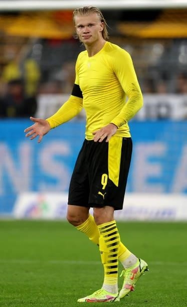Erling Haaland of Dortmund is seen during the Supercup 2021 match between FC Bayern München and Borussia Dortmund at Signal Iduna Park on August 17,...