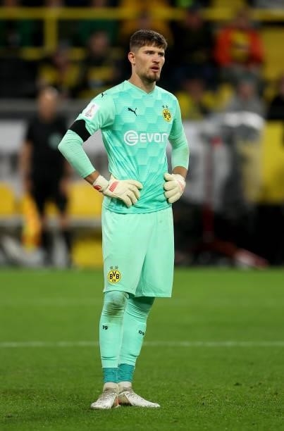 Goalkeeper Gregor Kobel of Dortmund is seen during the Supercup 2021 match between FC Bayern München and Borussia Dortmund at Signal Iduna Park on...