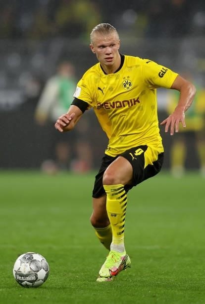 Erling Haaland of Dortmund runs with the ball during the Supercup 2021 match between FC Bayern München and Borussia Dortmund at Signal Iduna Park on...