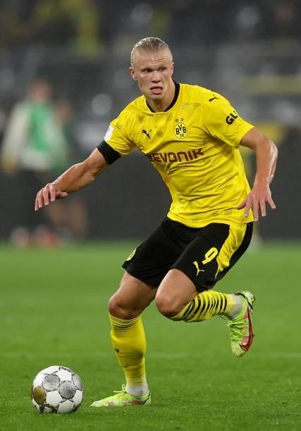 Erling Haaland of Dortmund runs with the ball during the Supercup 2021 match between FC Bayern München and Borussia Dortmund at Signal Iduna Park on...