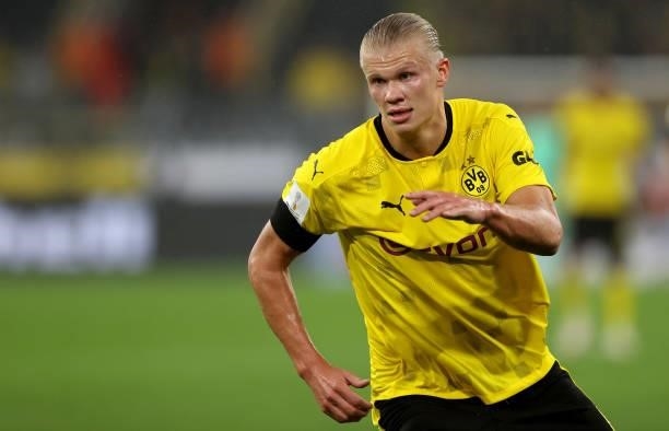 Erling Haaland of Dortmund looks on during the Supercup 2021 match between FC Bayern München and Borussia Dortmund at Signal Iduna Park on August 17,...