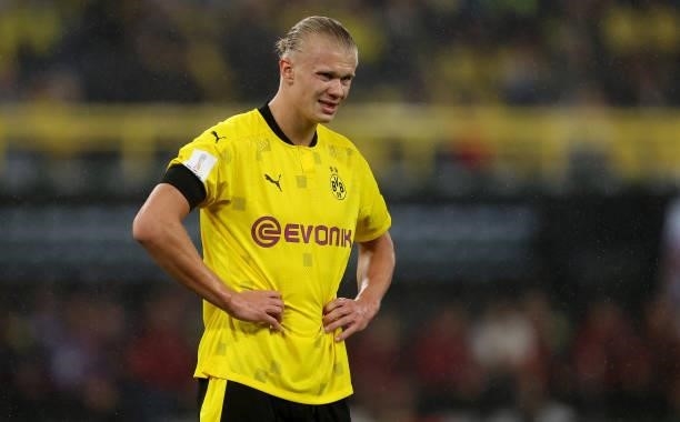 Erling Haaland of Dortmund looks on during the Supercup 2021 match between FC Bayern München and Borussia Dortmund at Signal Iduna Park on August 17,...
