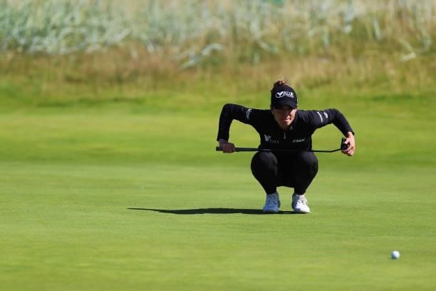 Gaby Lopez of Mexico lines up a putt during the Pro-Am prior to the AIG Women's Open at Carnoustie Golf Links on August 18, 2021 in Carnoustie,...