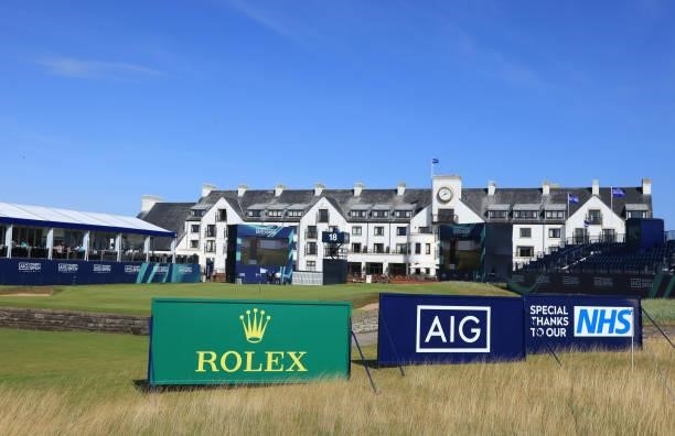 General view of the 18th green-side area during the Pro-Am prior to the AIG Women's Open at Carnoustie Golf Links on August 18, 2021 in Carnoustie,...