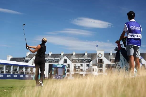 Lexi Thompson of The United States plays a shot on the eighteenth hole during the Pro-Am prior to the AIG Women's Open at Carnoustie Golf Links on...