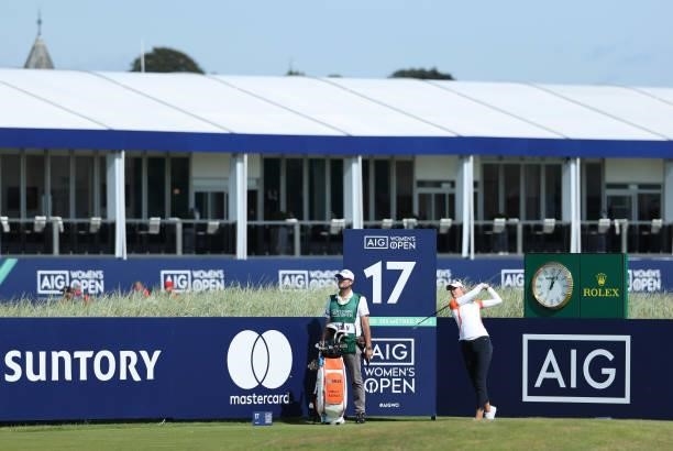 Nelly Korda of The United States tees off on the seventeenth hole during the Pro-Am prior to the AIG Women's Open at Carnoustie Golf Links on August...