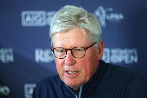 In this handout image provided by the R&A, Martin Slumbers, Chief Executive of the R&A speaks in a press conference during the Pro-Am prior to the...