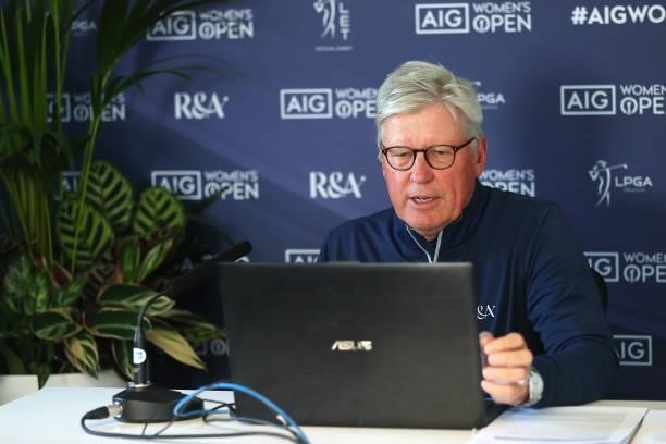 In this handout image provided by the R&A, Martin Slumbers, Chief Executive of the R&A speaks in a press conference during the Pro-Am prior to the...
