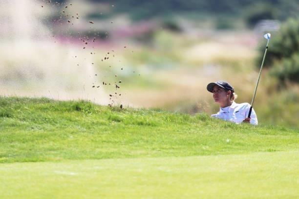 Azahara Munoz of Spain plays a bunker shot during the Pro-Am prior to the AIG Women's Open at Carnoustie Golf Links on August 18, 2021 in Carnoustie,...