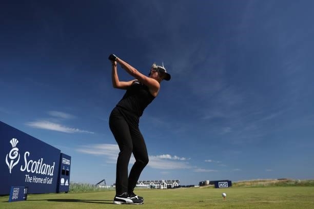 Lexi Thompson of The United States tees off on the eighteenth hole during the Pro-Am prior to the AIG Women's Open at Carnoustie Golf Links on August...