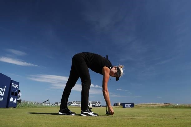 Lexi Thompson of The United States prepares to tee off on the eighteenth hole during the Pro-Am prior to the AIG Women's Open at Carnoustie Golf...